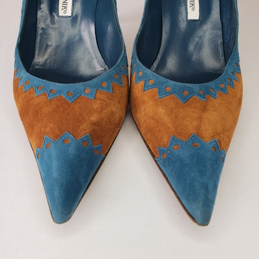 Manolo Blahnik Teal Tan Heels Pointy Toe - Picture 2 of 12